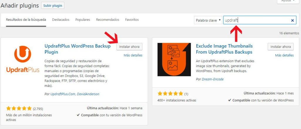 Instalando updraft plus en WordPress