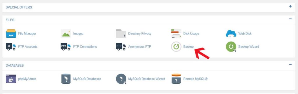 opción de copia de seguridad en cpanel