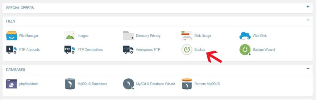 opción de copia de seguridad en cpanel