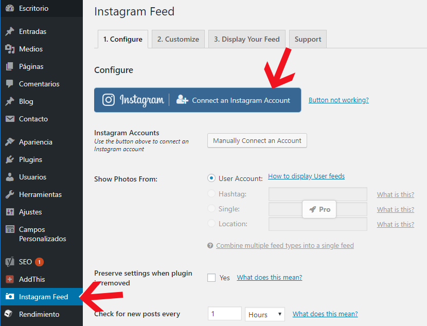 conectando cuenta de instrragram a wordpress