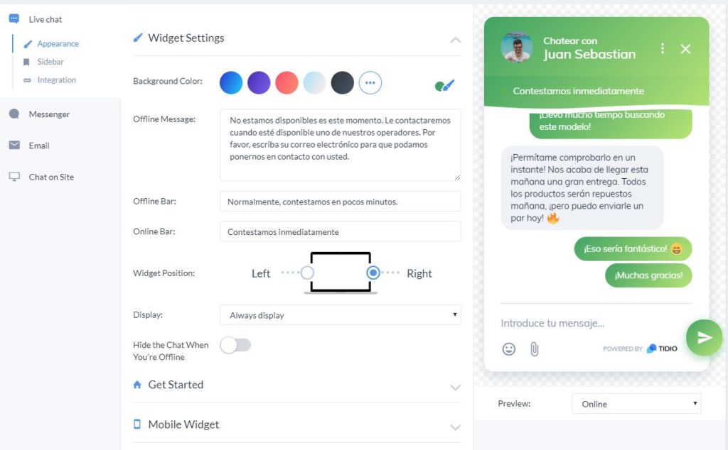 configuraciones del chat tidio