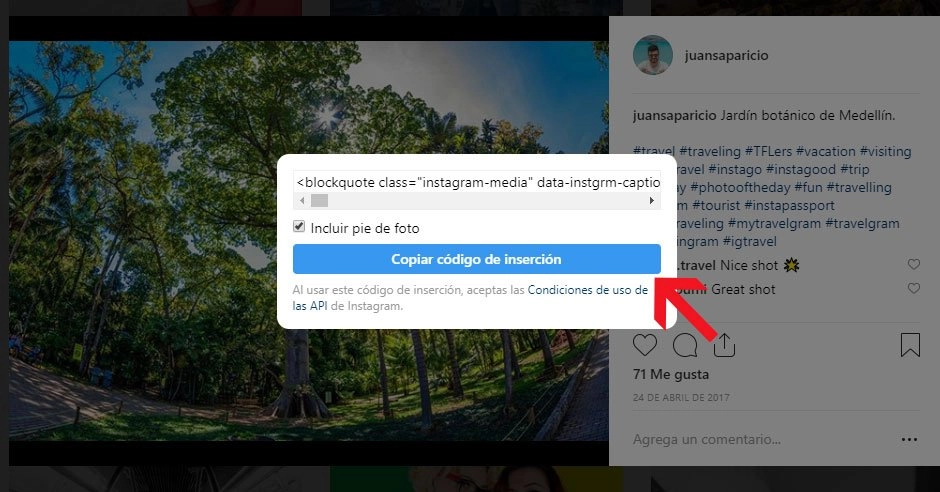 copiar código de insercion de instagram