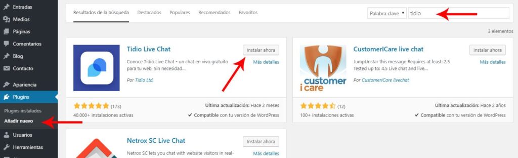 instalar tidio - Chat gratis para WordPress