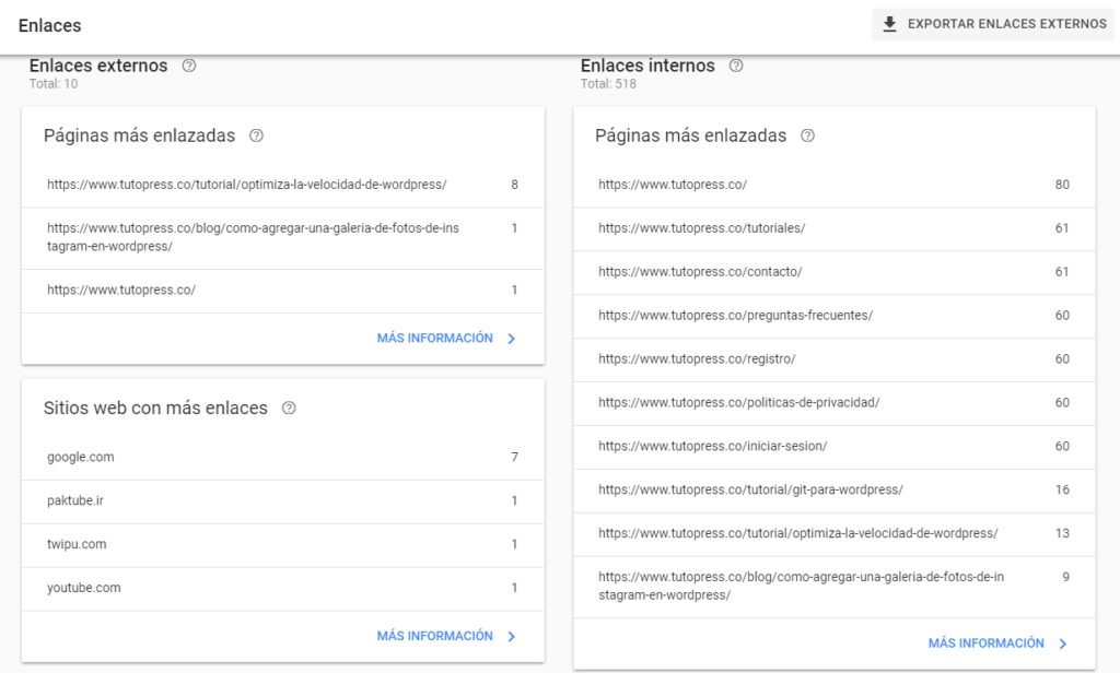 vista de enlaces de google search console