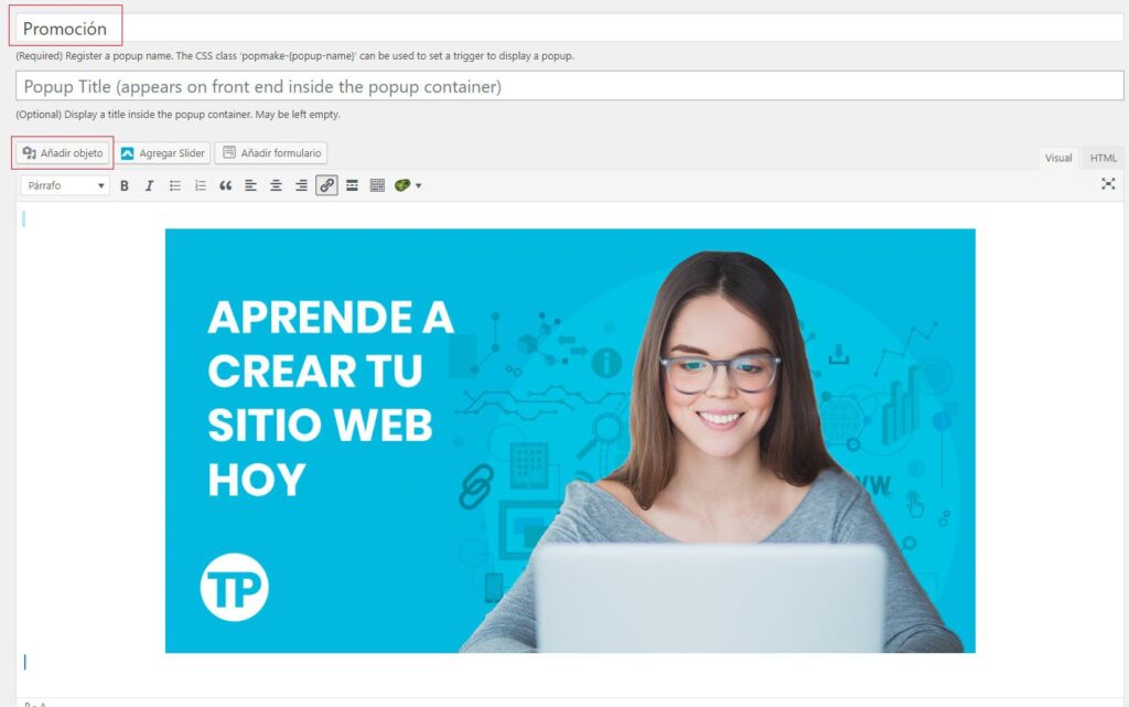 agregando una imagen al plugin popup maker con un enlace - Pop up en WordPress