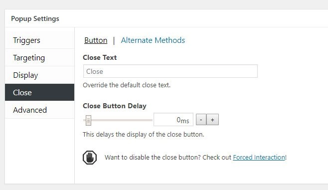 configuración de cierre del popup