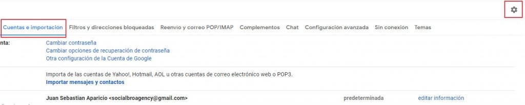configuraciones de cuenta en gmail
