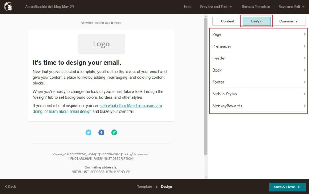 configuración visual de la campaña en mailchimp