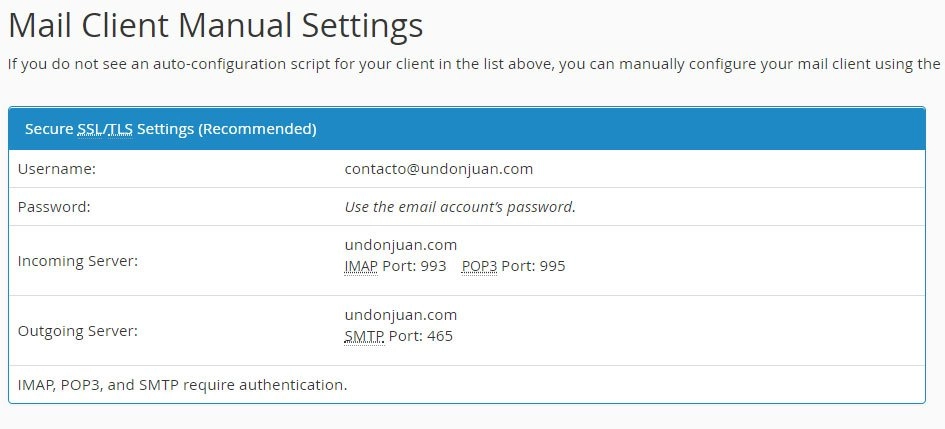 configuraciones manuales de cliente de correo