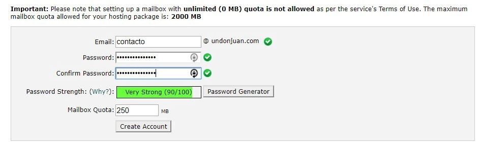 creando una cuenta de correo desde cpanel