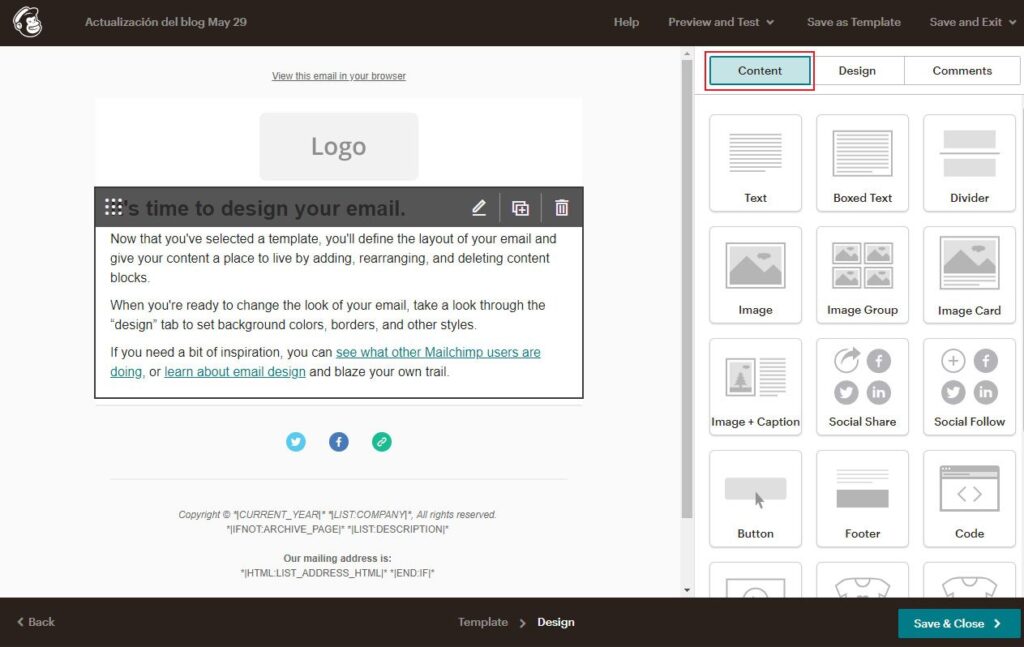 editor de contenido de mailchimp