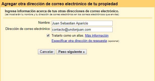 ventana de configuracion de correo gmail