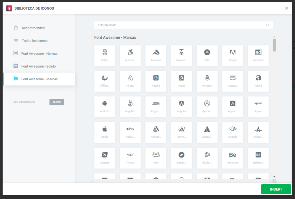 marcas en la galería de íconos de Elementor