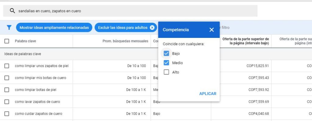 aplicando un filtro al keywordplanner