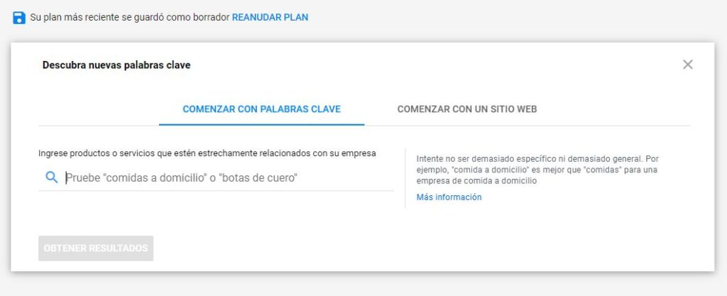 planificador de palabras clave google ads