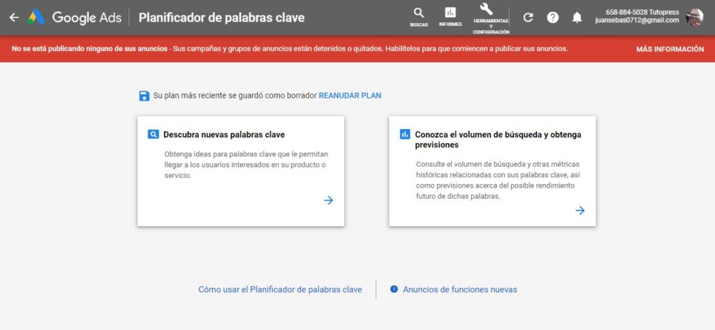 planificador de palabras clave de google ads