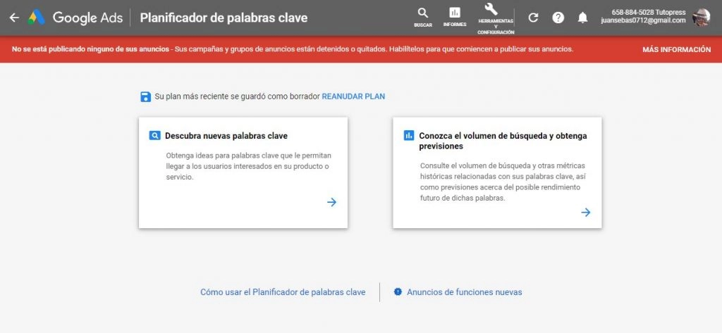 planificador de palabras clave de google ads