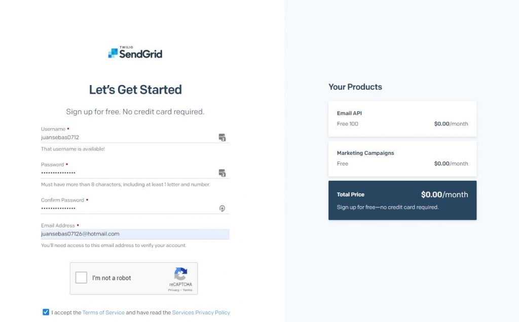 Registro en Sendgrid