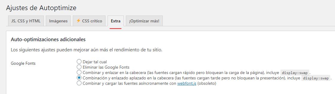 configuiraciones extra de autoptimize