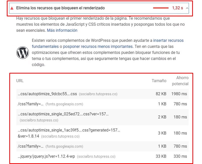 recomendación eliminar archivos que bloquean el renderizado en Google speed insights