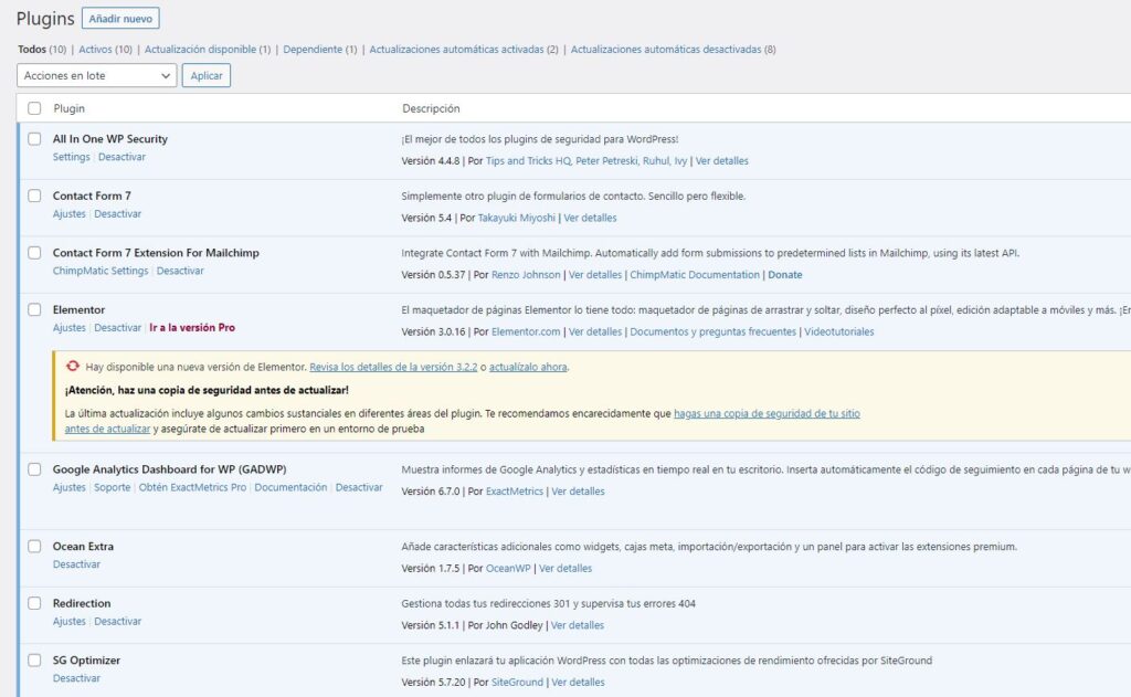 Lista de plugins instalados en WordPress