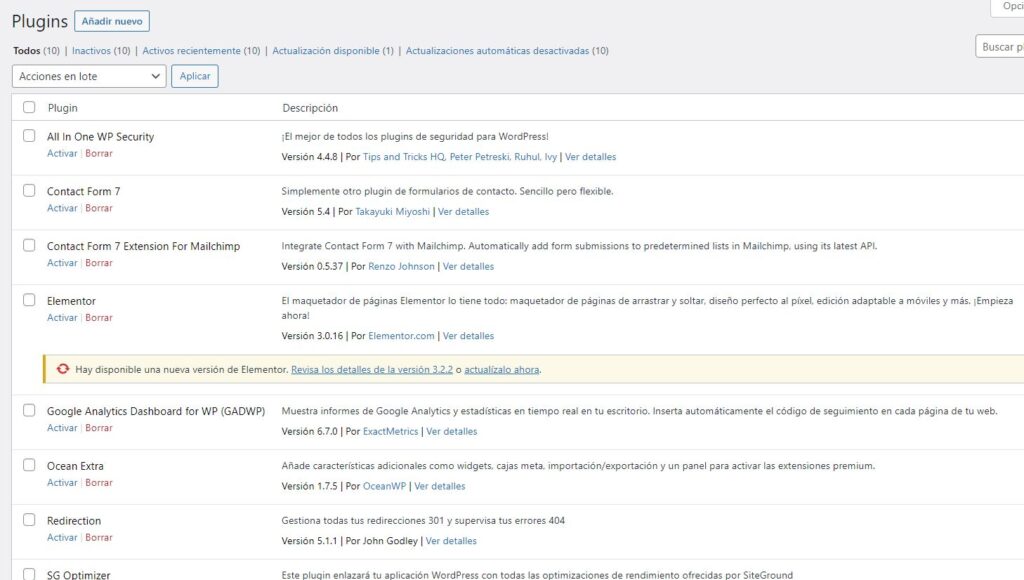 Todos los plugins de WordPress desactivados