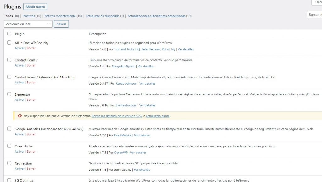 Todos los plugins de WordPress desactivados
