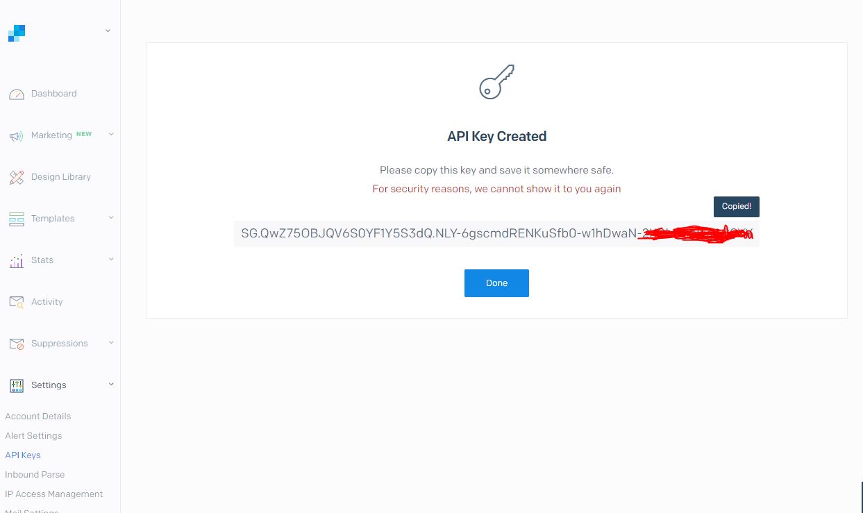 API Key de SendGrid generada