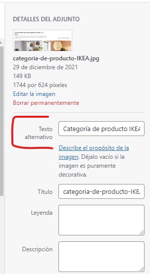 texto alternativo en la galeria de wordpress