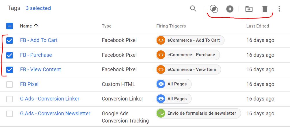 acciones en bloque para etiquetas de google tag manager