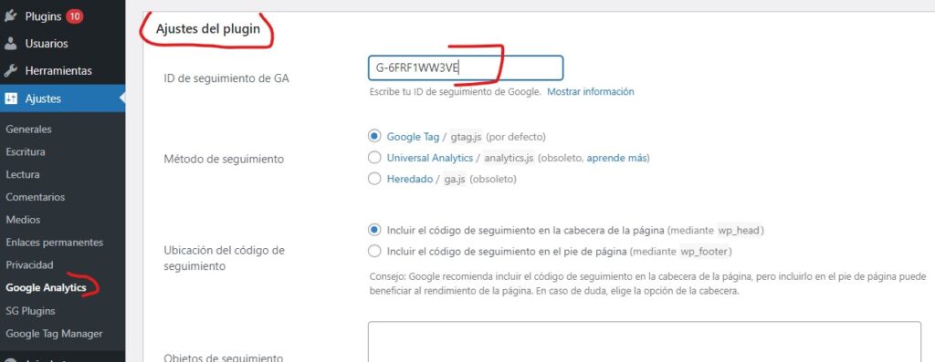 configuración del plugin de google analytics