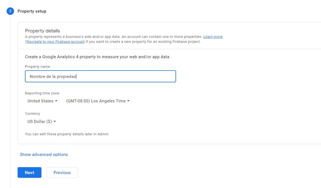 creación de una propiedad en ga4