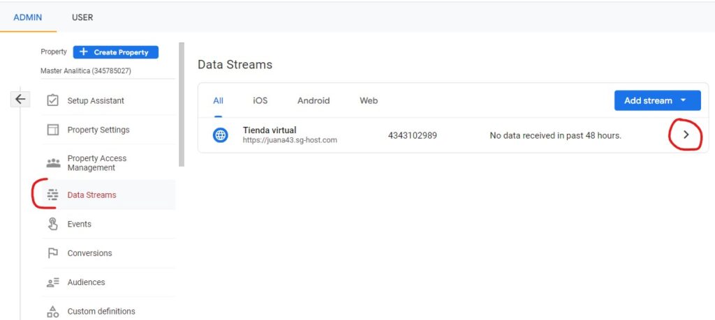 seleccion de un data stream o fuente de datos en GA4