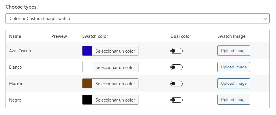 colores como atributos personalizados configurados en Woocommerce