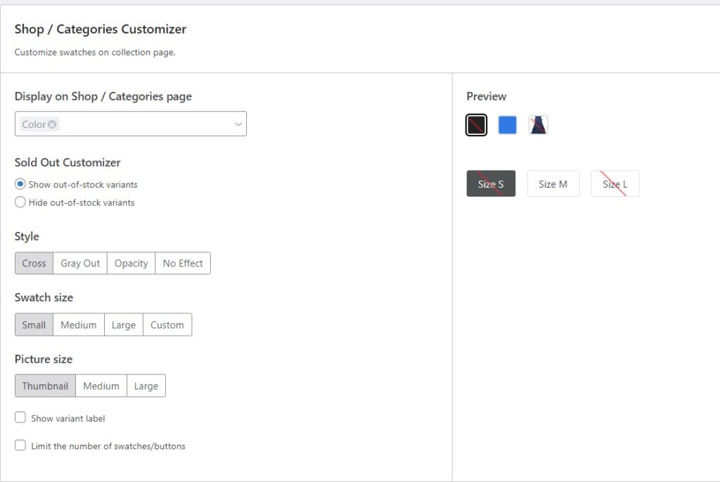 configuración de muestras de productos variables en la página de tienda o categoría del producto