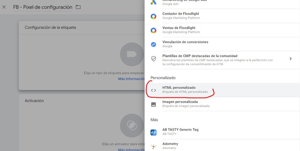 etiqueta de tipo html personalizado en google tag manager