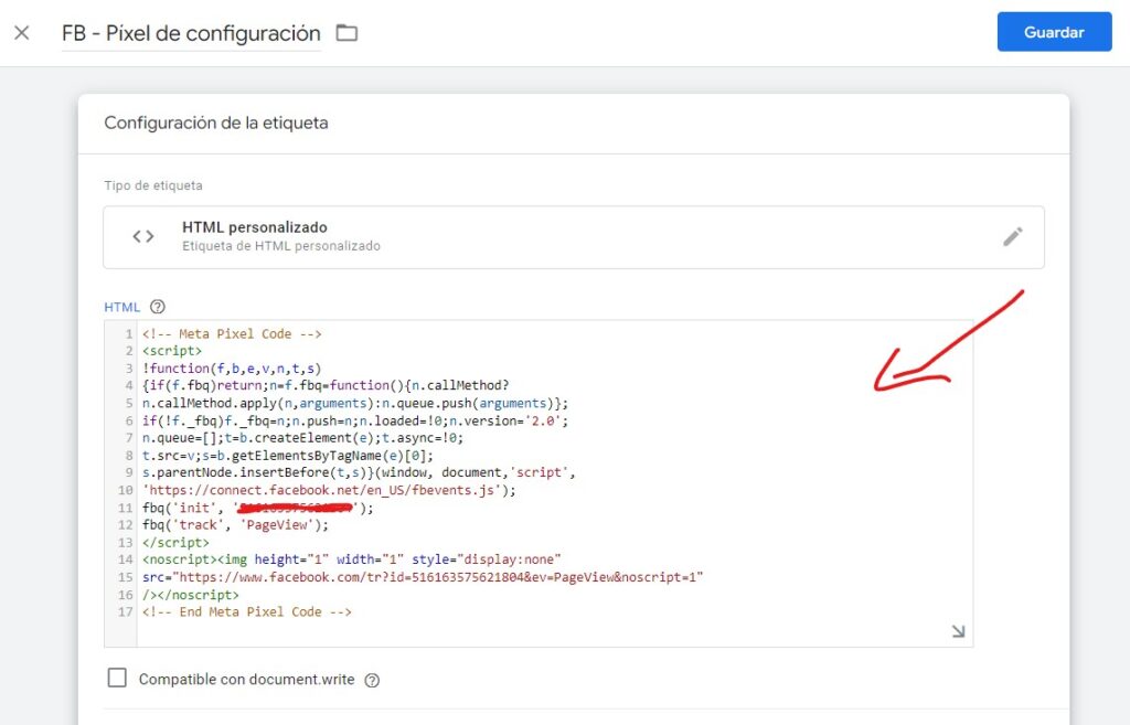 pegar codigo del pixel de facebook en google tag manager