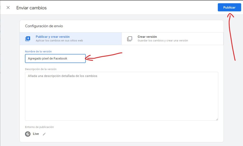 publicar los cambios hechos en google tag manager