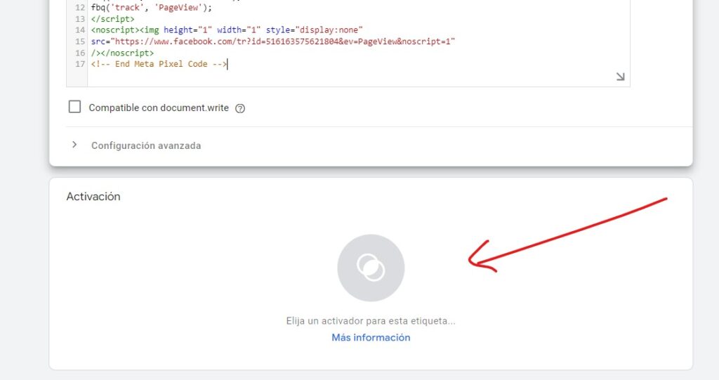 recuadro de activadores de google tag manager