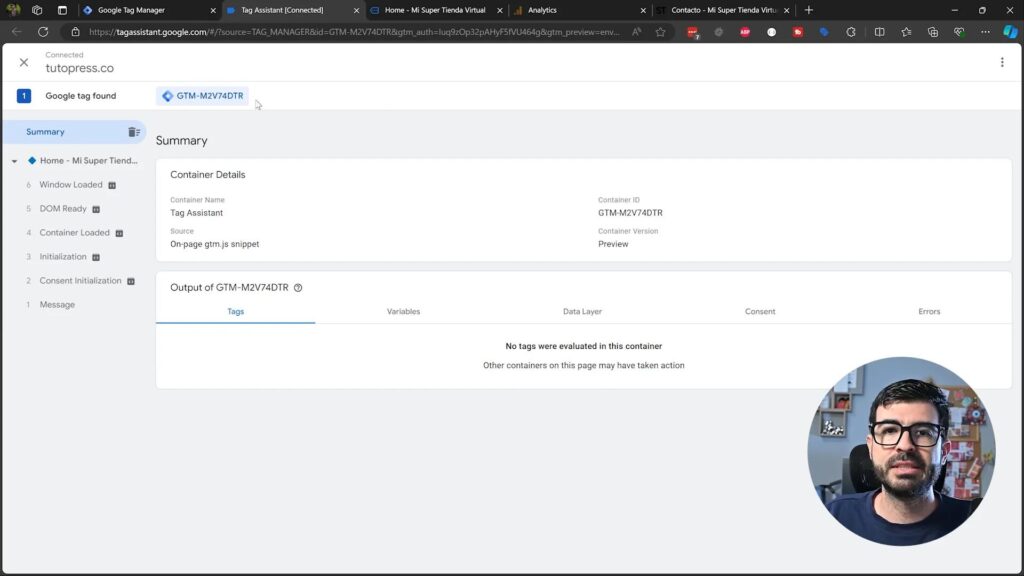 Interfaz de Google Tag Assistant mostrando etiquetas