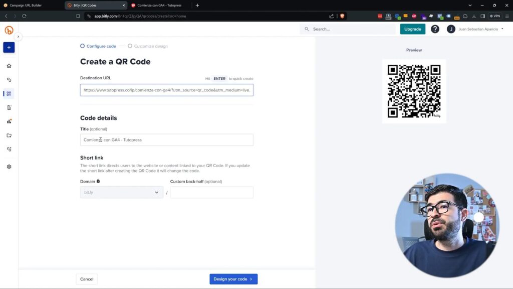 Interfaz de creación de código QR en Bitly