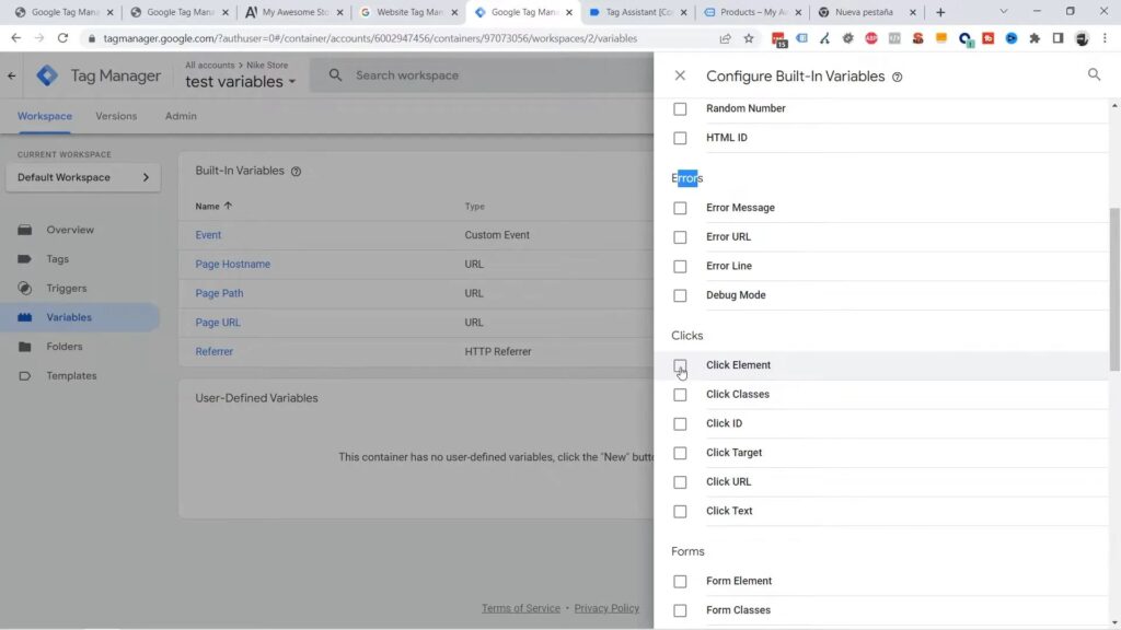 Activación de Variables Integradas en GTM