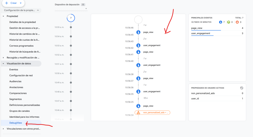 prueba de eventos en GA4 con debugView