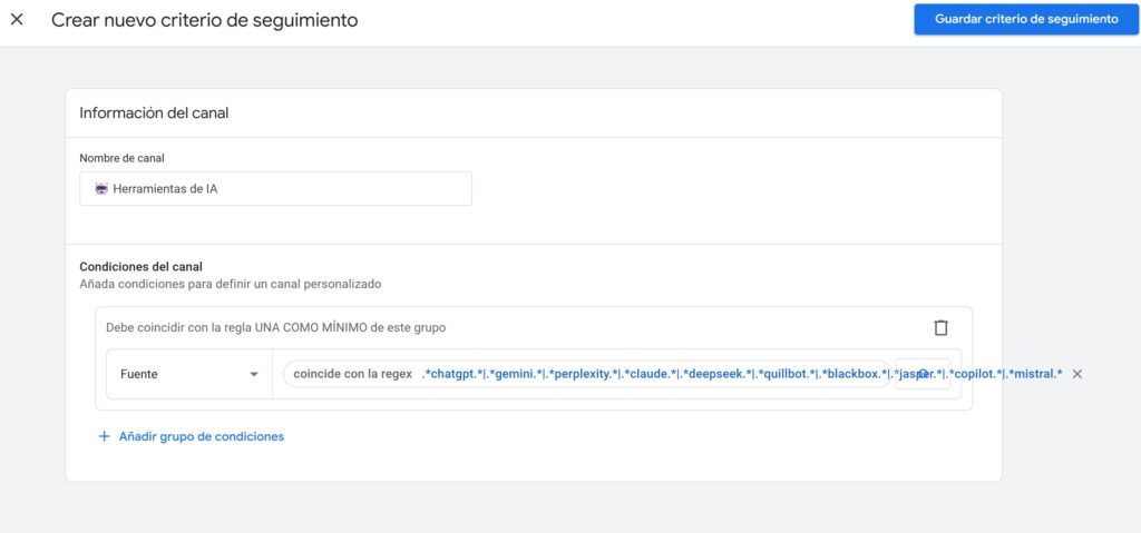 criterio de seguimiento para canal predeterminado de GA4