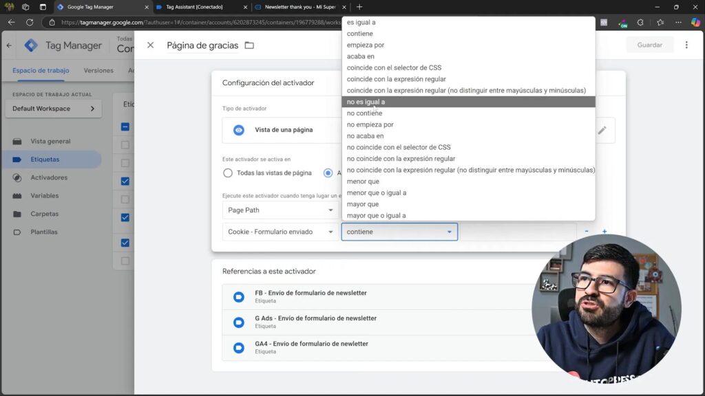 Modificación del activador de la página de gracias