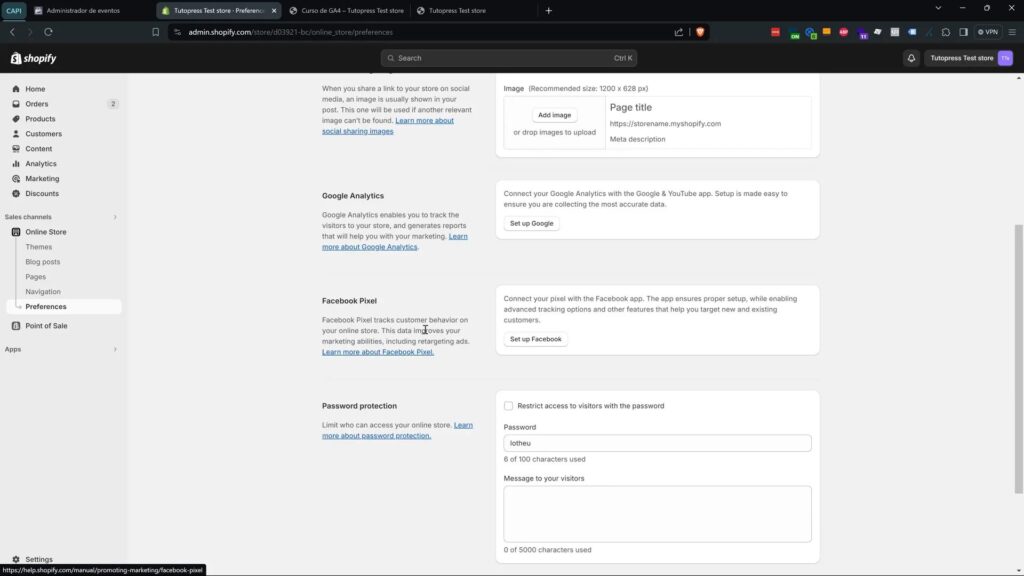 Accediendo a las preferencias de Shopify