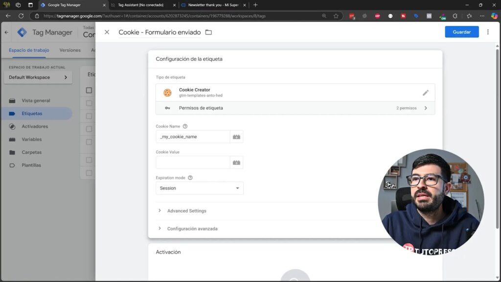 Creación de una nueva etiqueta para la cookie