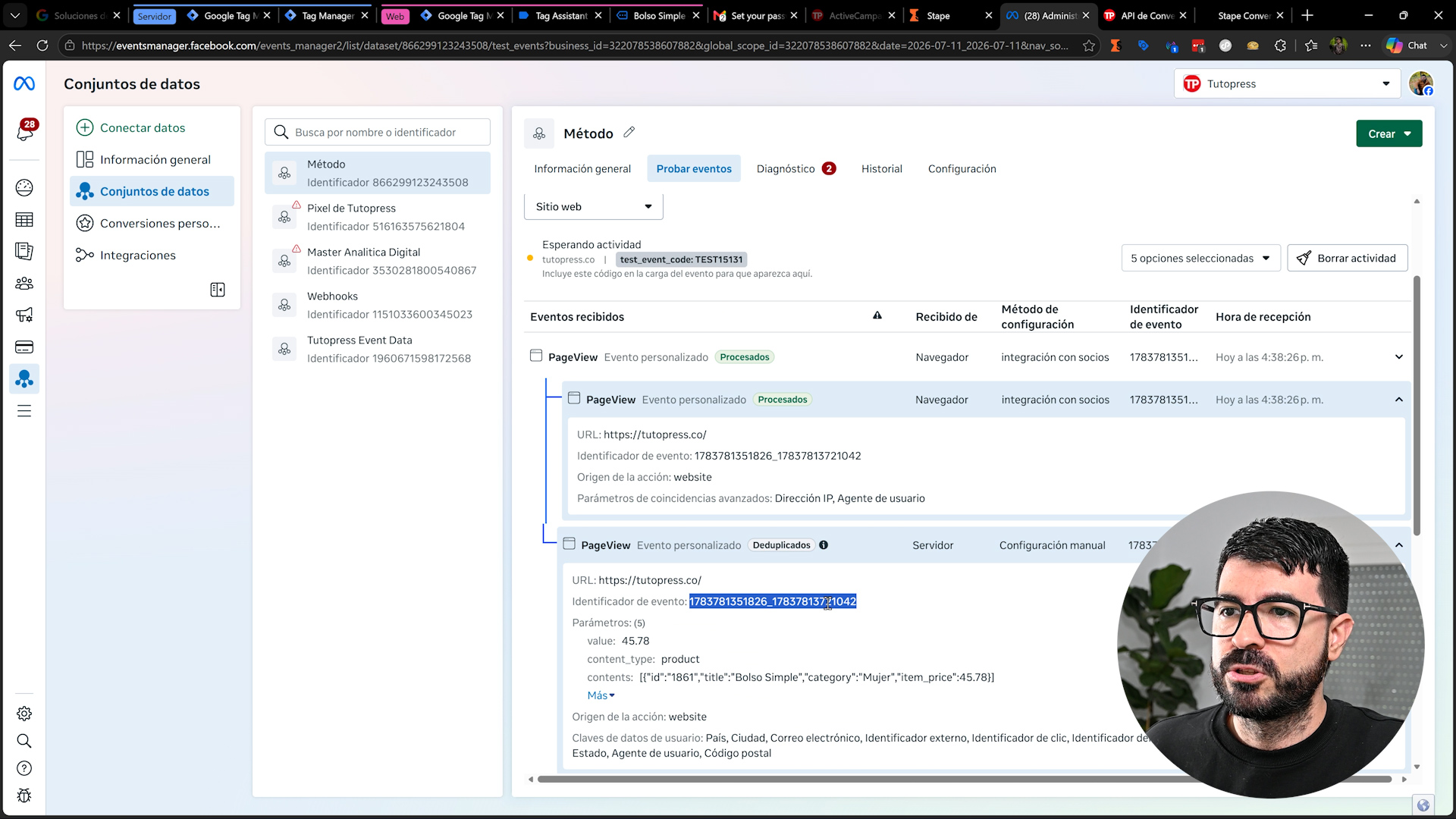 Administrador de eventos de Meta con eventos deduplicados de pixel y API de conversiones