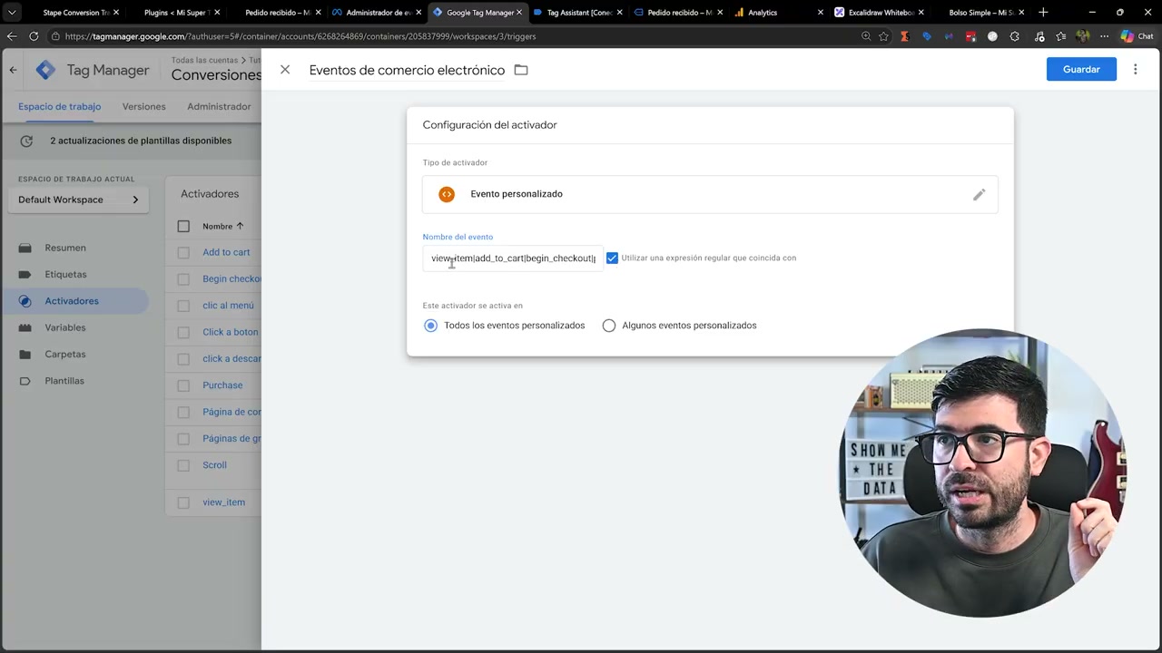 Configuracion de un activador de evento personalizado en GTM con expresion regular view_item add_to_cart begin_checkout purchase para los eventos de comercio electronico