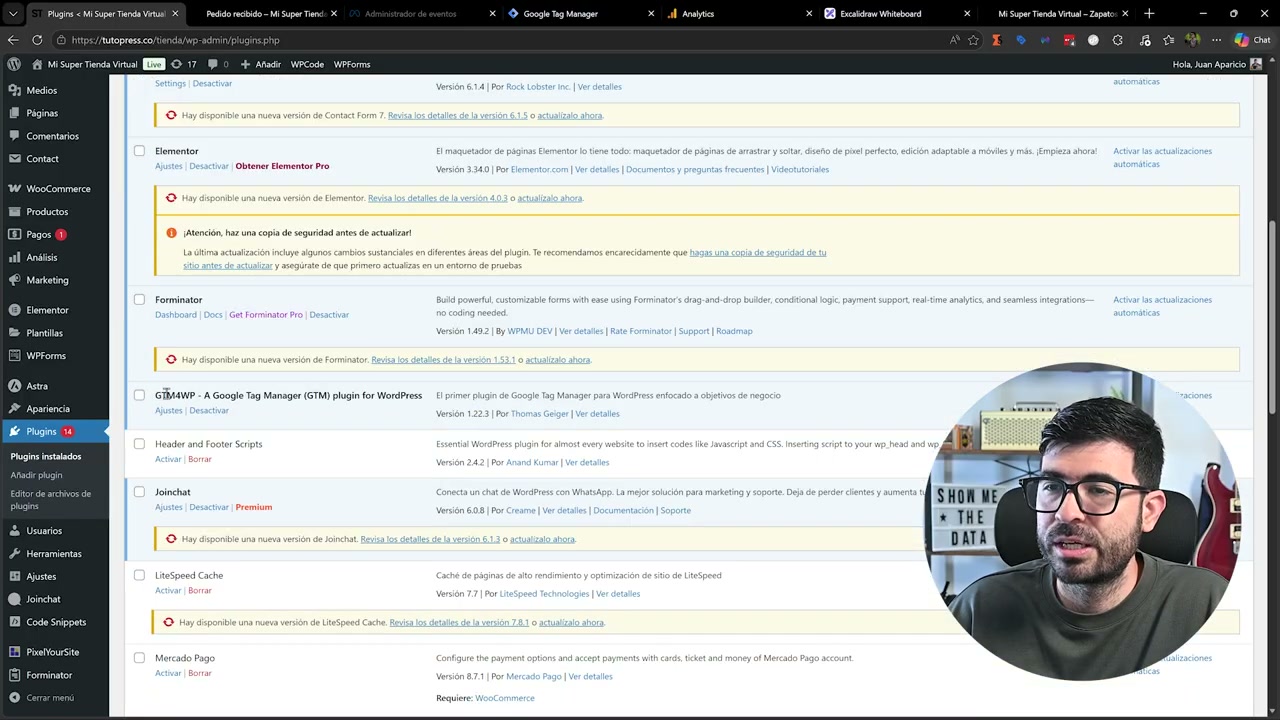 Listado de plugins en WordPress incluyendo GTM4WP que cargan Google Tag Manager y el pixel de Meta por duplicado